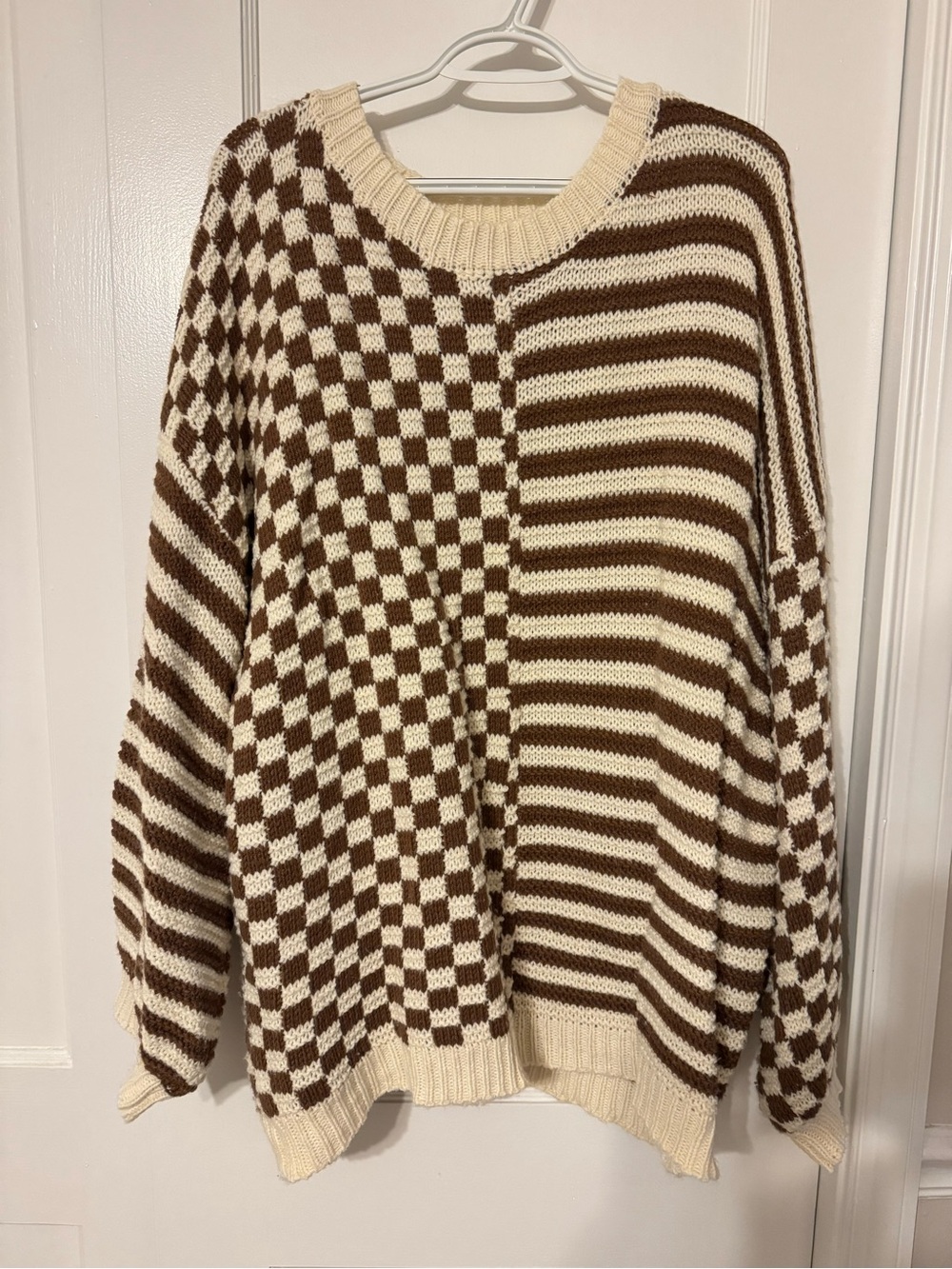 white birch Cream & Brown Checkerboard-Striped Crewneck Sweater